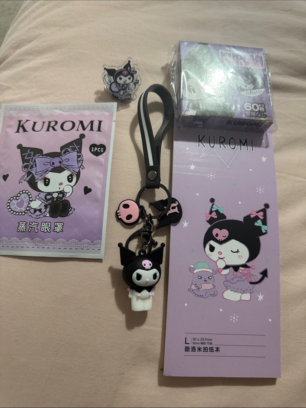 New 5 pc Bundle Kuromi Keychain, note pad, stickers, Eyemask, paper clip